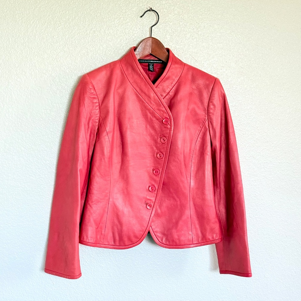 VTG 90s Edgy Bold Cropped Asymmetrical Red Leather Statement Moto Jacket Size 6P